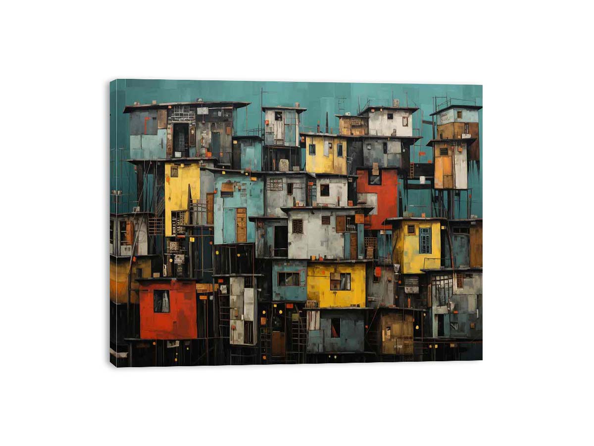 Layered urban homes with teal background and industrial details for modern living room decor.