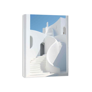 White Mediterranean stairs canvas art for bright modern living room decor.
