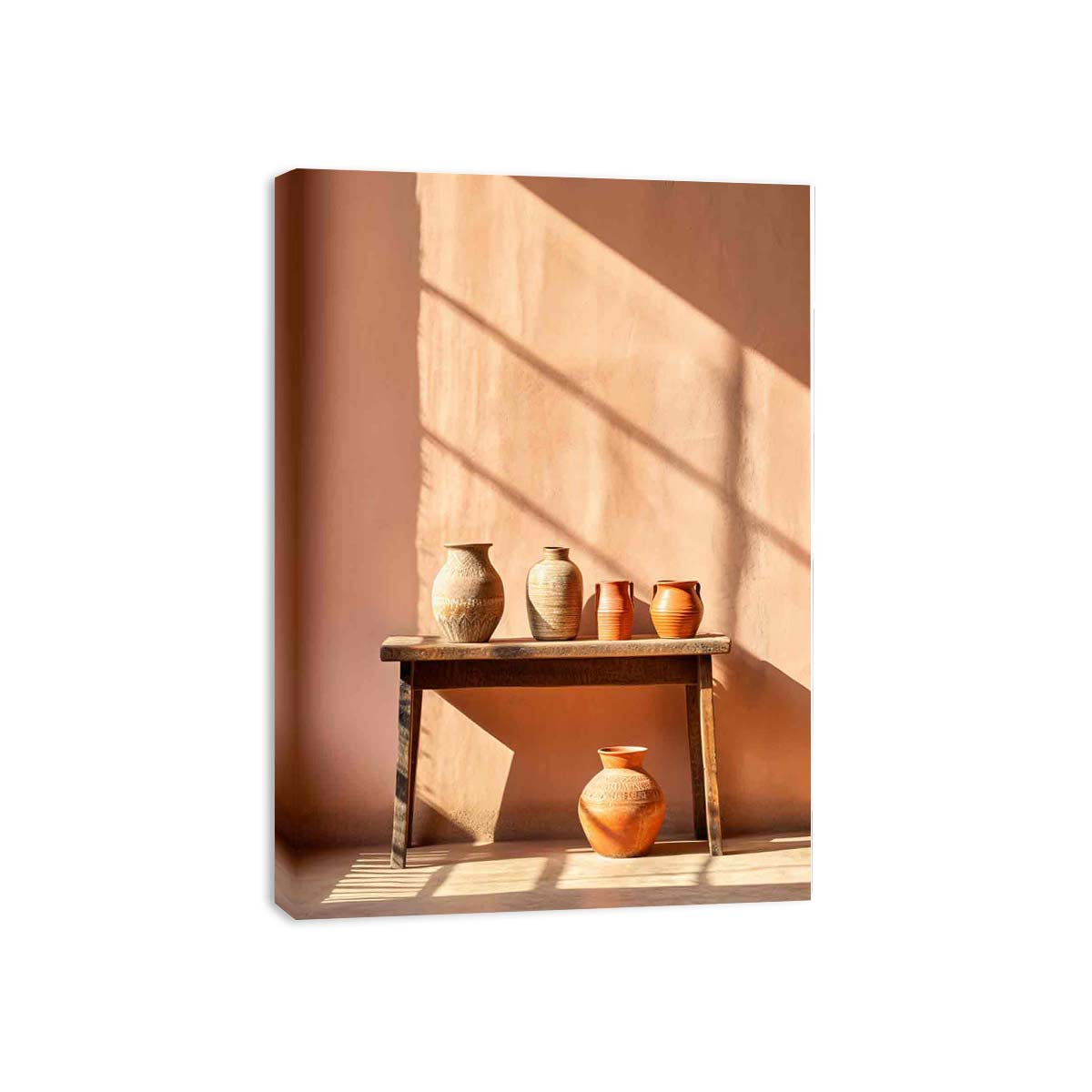 Terracotta ceramic jug still life canvas art for warm dining room decor.