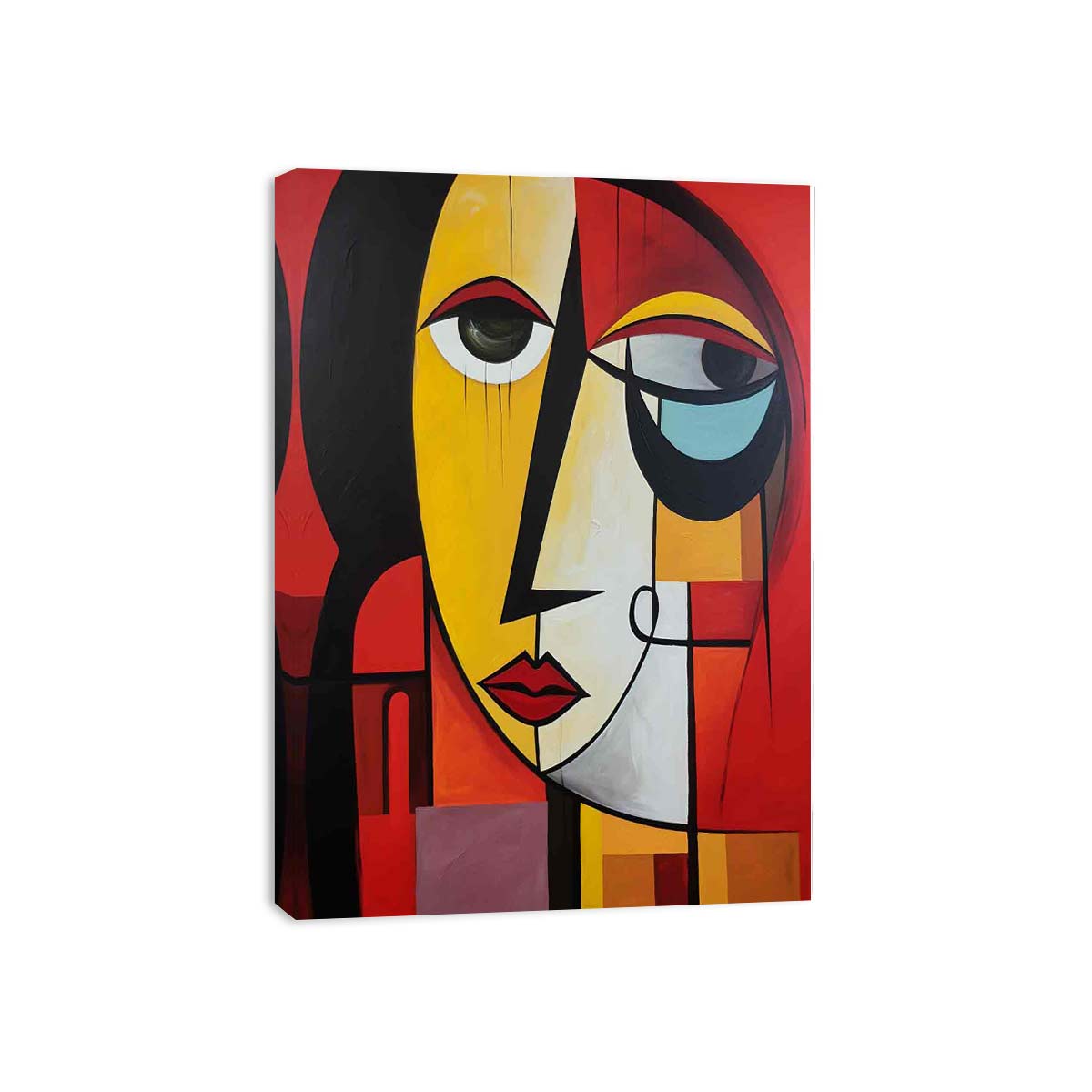 Expressionist abstract portrait canvas art in red, yellow, black and aqua for bold modern room decor.