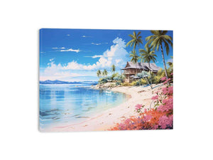 Coastal beach house canvas print with palm trees, blue lagoon water and flowers for relaxed home decor.
