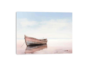 Minimal pink boat canvas art on calm water with soft reflections for serene coastal bedroom decor.