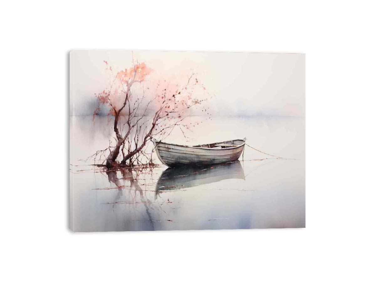 Soft watercolor boat artwork with blush tree branches and reflections for serene coastal bedroom wall decor.