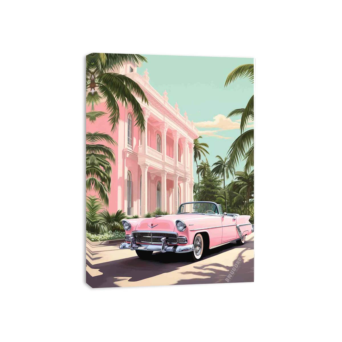 Pastel pink classic car canvas art with tropical mansion and palm trees for stylish vintage room decor.