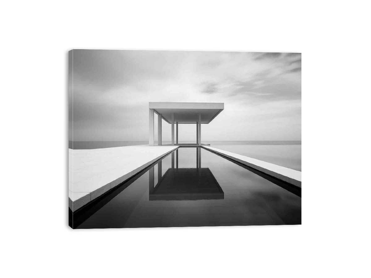 Black and white minimalist pool pavilion artwork for contemporary living room decor.