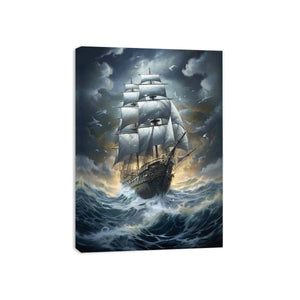 Dramatic sailing ship storm artwork for nautical living room wall decor.
