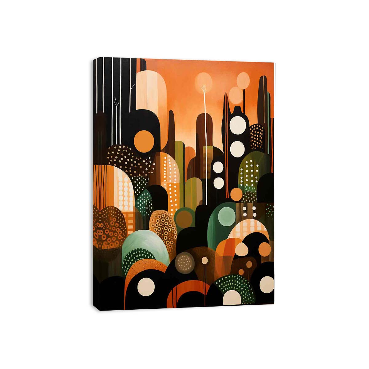 Orange green abstract city canvas print for bold contemporary wall decor.