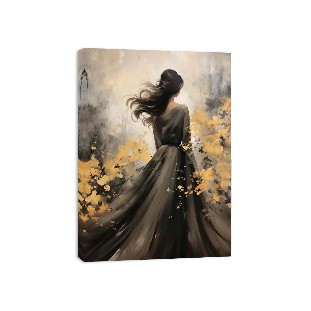 Elegant woman in black dress canvas art with gold floral abstract details.