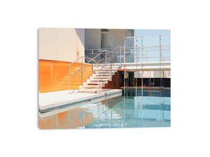 Modern pool staircase canvas art with blue water and orange architectural accents.