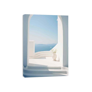 White Mediterranean archway with ocean view canvas art for serene coastal room decor.