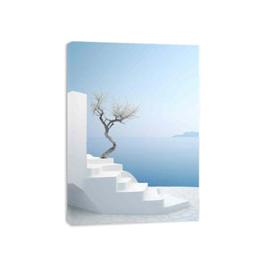 Coastal white steps and tree canvas art with blue sea view for modern Mediterranean decor.