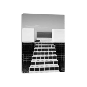 Black and white tiled sea steps canvas art for modern architectural office or hallway decor.