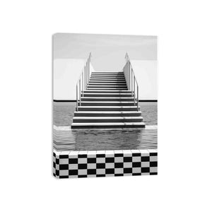Symmetrical black and white stairway canvas art with water reflections for modern decor.