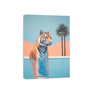 Tropical tiger in pool canvas art with palm trees for bold eclectic living room decor.