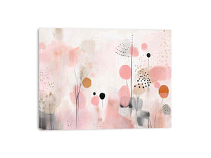 Soft blush abstract botanical canvas art for wide modern living room or bedroom wall decor.