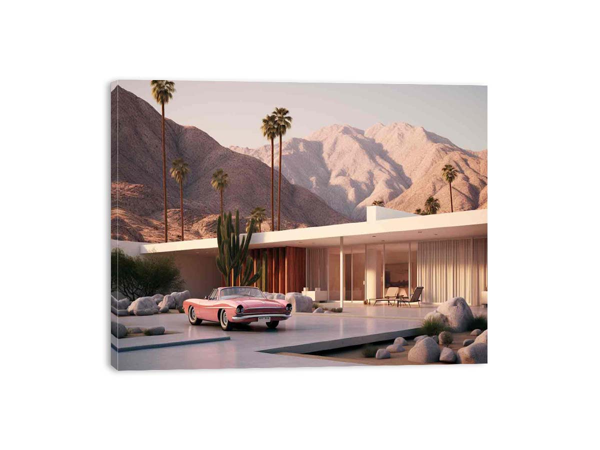 Mid century desert house canvas art with palms, mountains, and pink vintage car for modern decor.