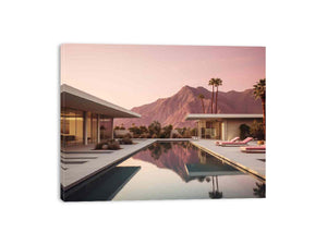 Modern desert pool house canvas art with palm trees and mountains for luxury living room decor.