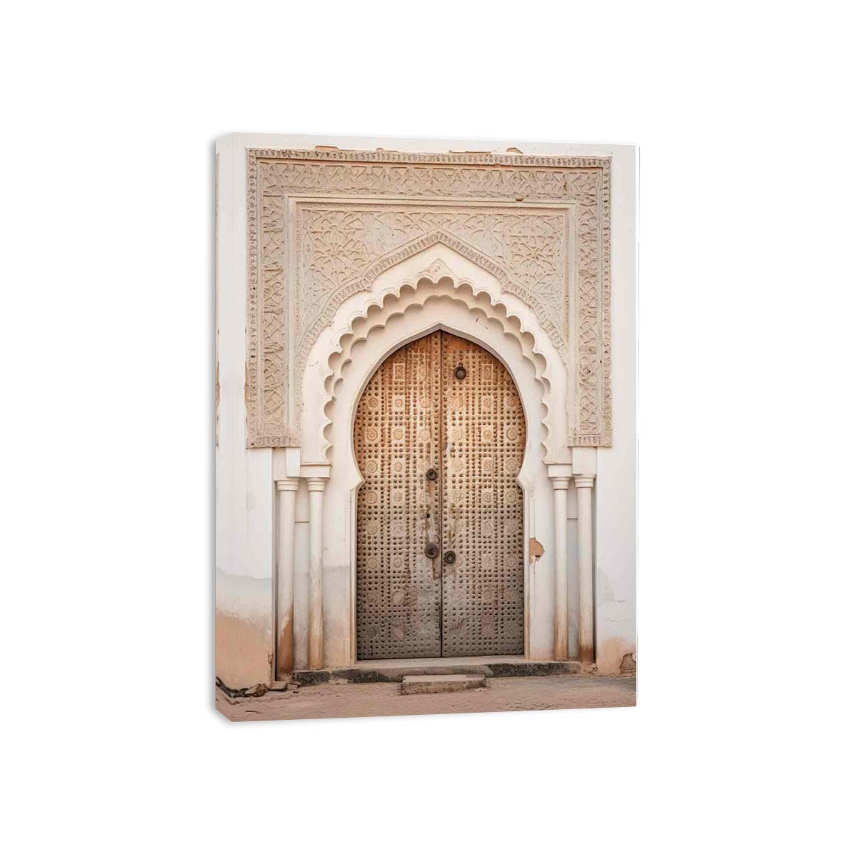 Vertical Moroccan doorway canvas art with carved arch details for elegant entryway decor.