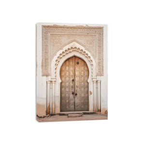 Vertical Moroccan doorway canvas art with carved arch details for elegant entryway decor.
