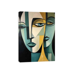 Modern cubist portrait canvas art with teal faces and geometric forms for living room decor.
