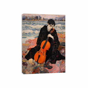 Figurative cello musician canvas art with ocean waves for expressive living room decor.