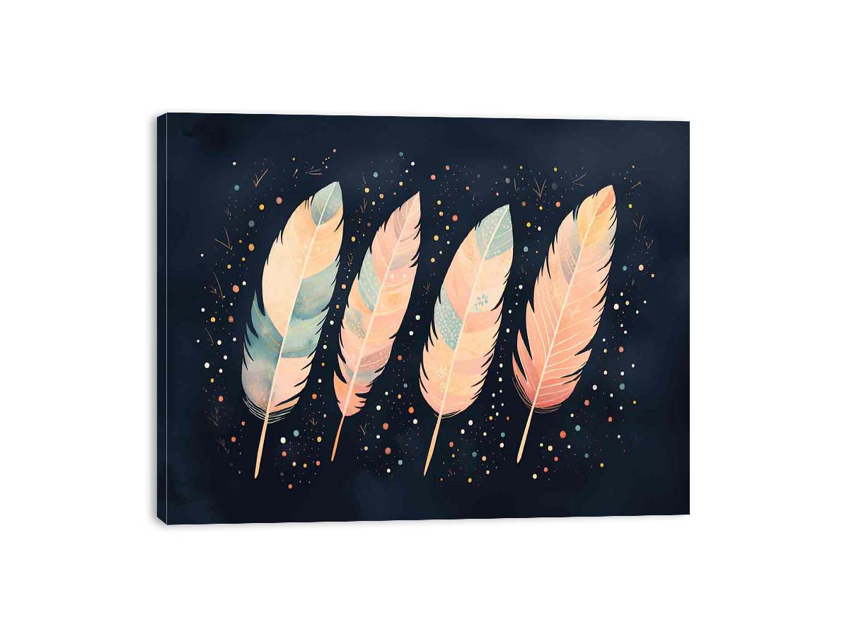 Pastel boho feather canvas art on navy background for calm bedroom and nursery decor.