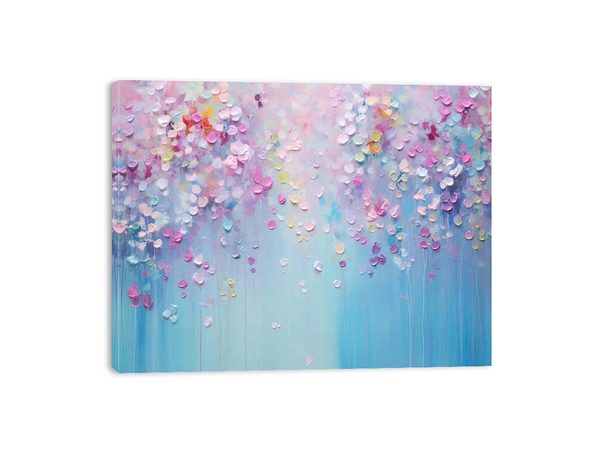 Colorful abstract petal canvas art in pink and blue for bright bedroom or living room decor.