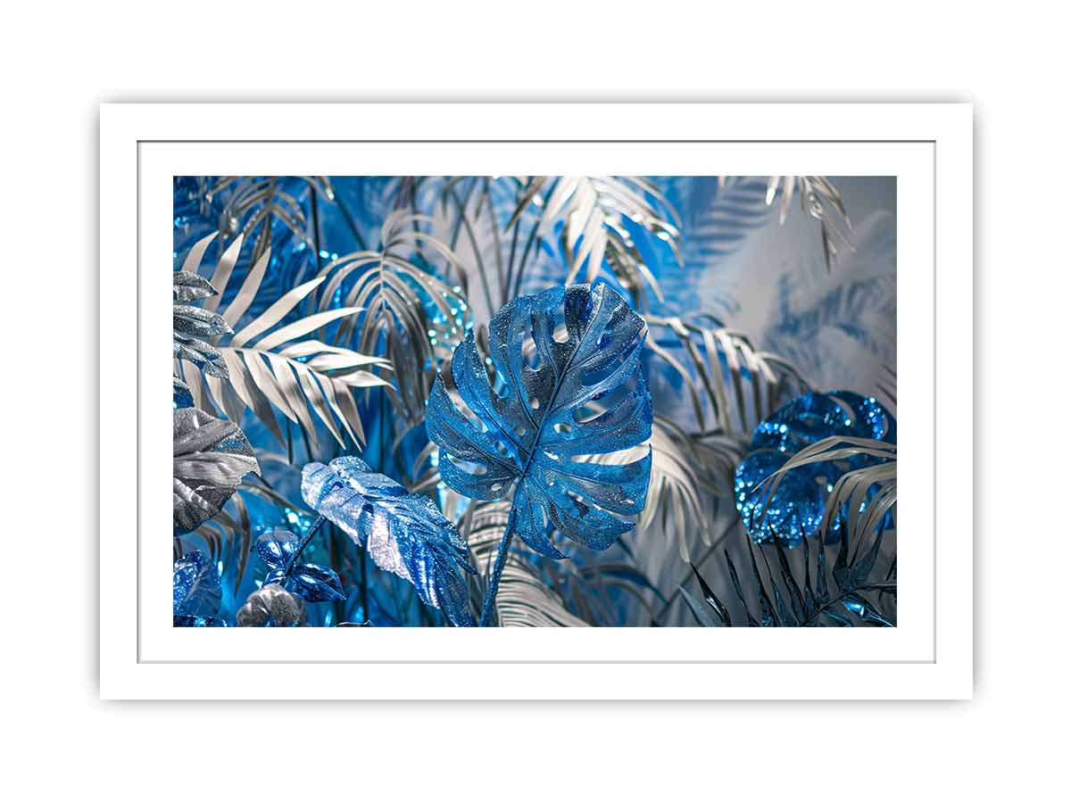 Blue tropical leaf canvas art with silver palm foliage for glamorous modern wall decor.