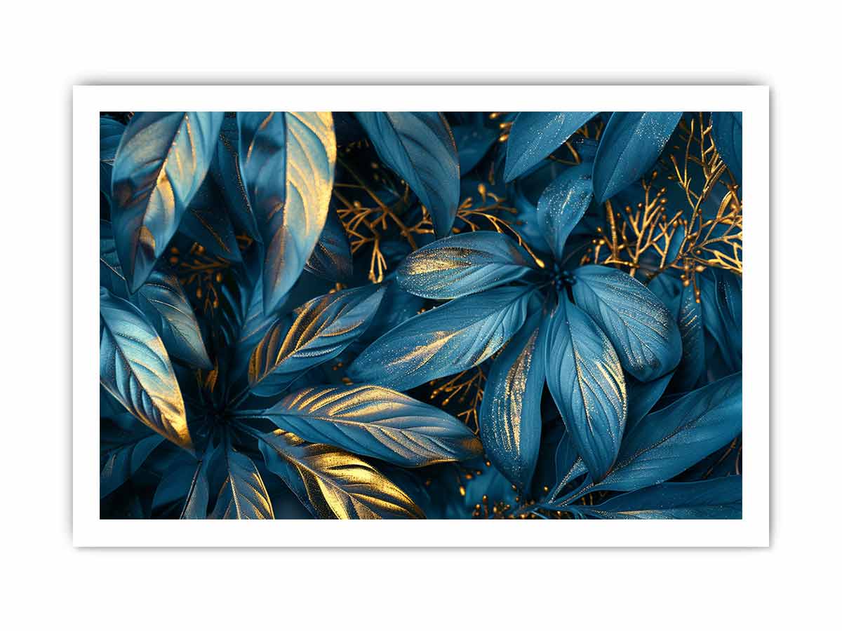 Teal and gold botanical leaf canvas art for luxury living room or bedroom wall decor.
