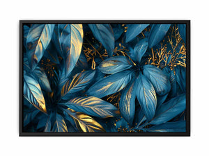 Teal and gold botanical leaf canvas art for luxury living room or bedroom wall decor.