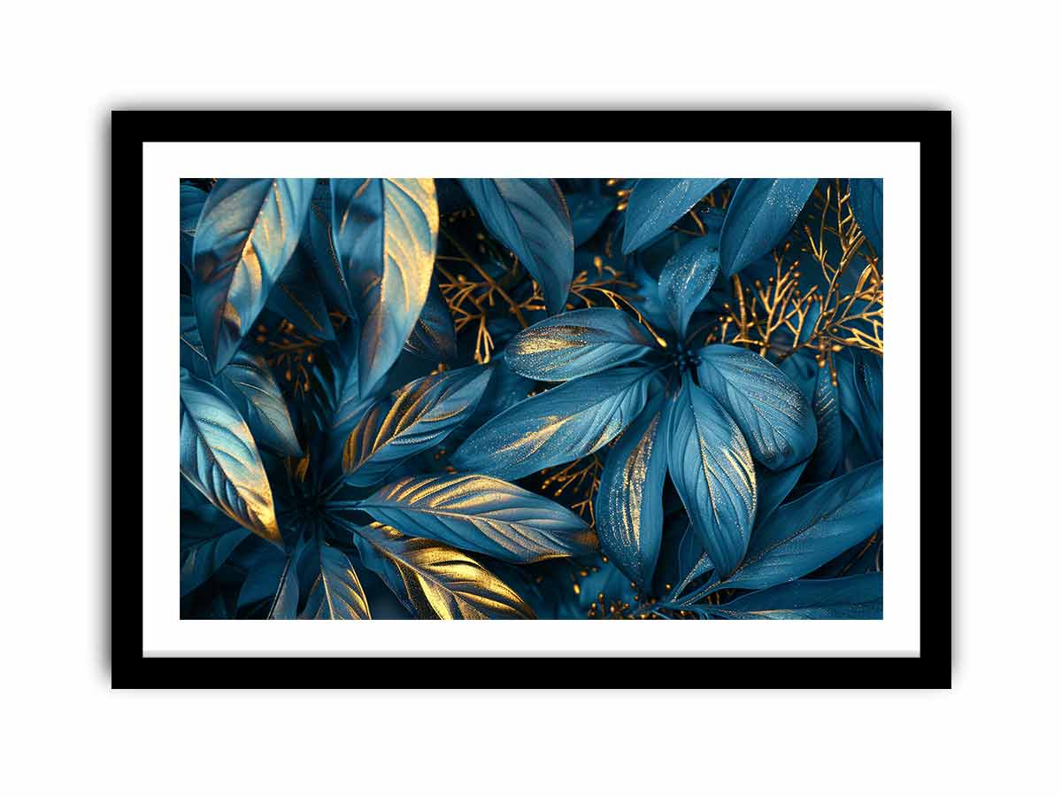 Teal and gold botanical leaf canvas art for luxury living room or bedroom wall decor.