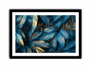 Teal and gold botanical leaf canvas art for luxury living room or bedroom wall decor.