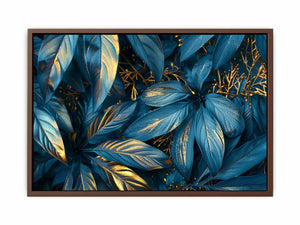 Teal and gold botanical leaf canvas art for luxury living room or bedroom wall decor.