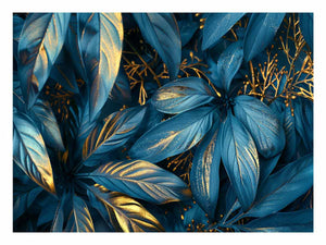 Teal and gold botanical leaf canvas art for luxury living room or bedroom wall decor.