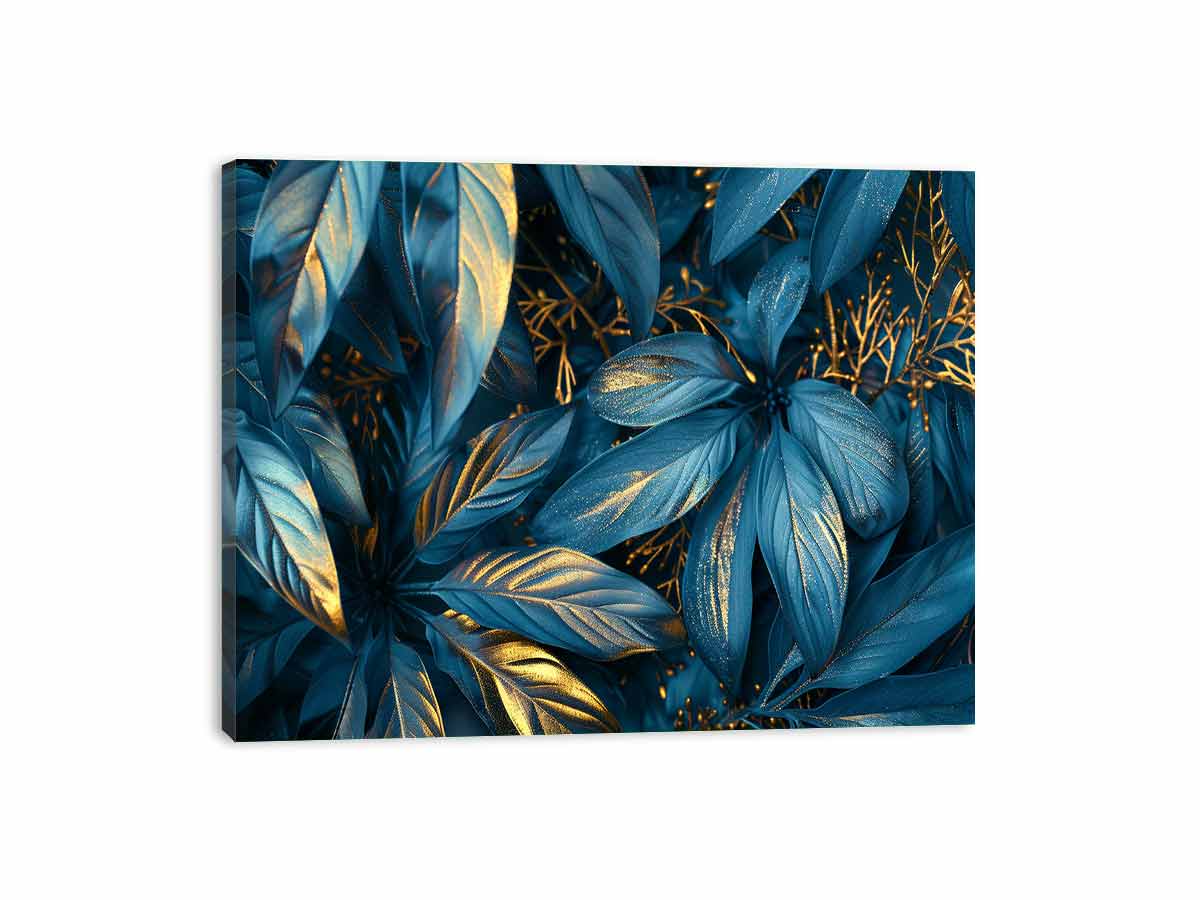 Teal and gold botanical leaf canvas art for luxury living room or bedroom wall decor.