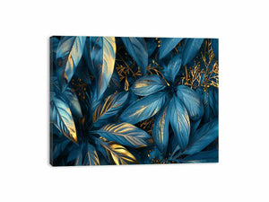 Teal and gold botanical leaf canvas art for luxury living room or bedroom wall decor.