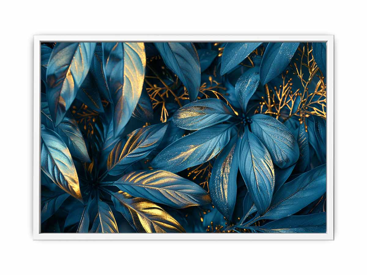 Teal and gold botanical leaf canvas art for luxury living room or bedroom wall decor.
