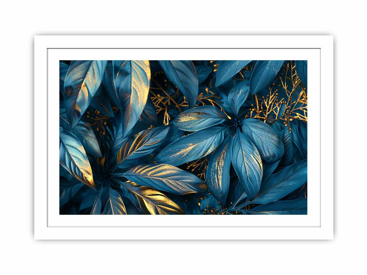 Teal and gold botanical leaf canvas art for luxury living room or bedroom wall decor.