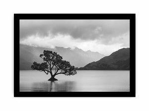 Black and white lake tree landscape canvas art for modern living room decor.