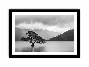 Black and white lake tree landscape canvas art for modern living room decor.