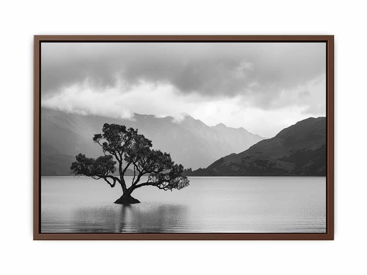 Black and white lake tree landscape canvas art for modern living room decor.