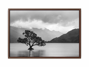 Black and white lake tree landscape canvas art for modern living room decor.
