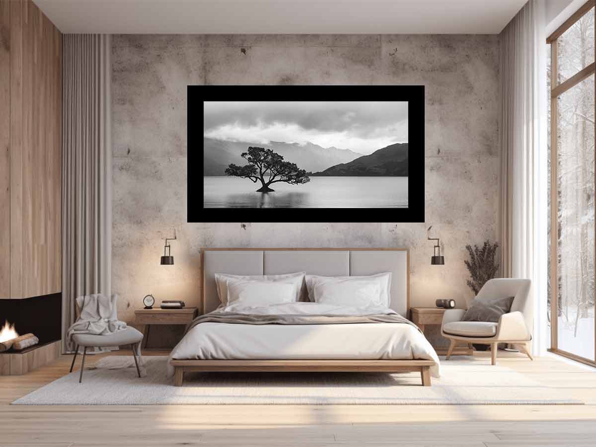 Black and white lake tree landscape canvas art for modern living room decor.