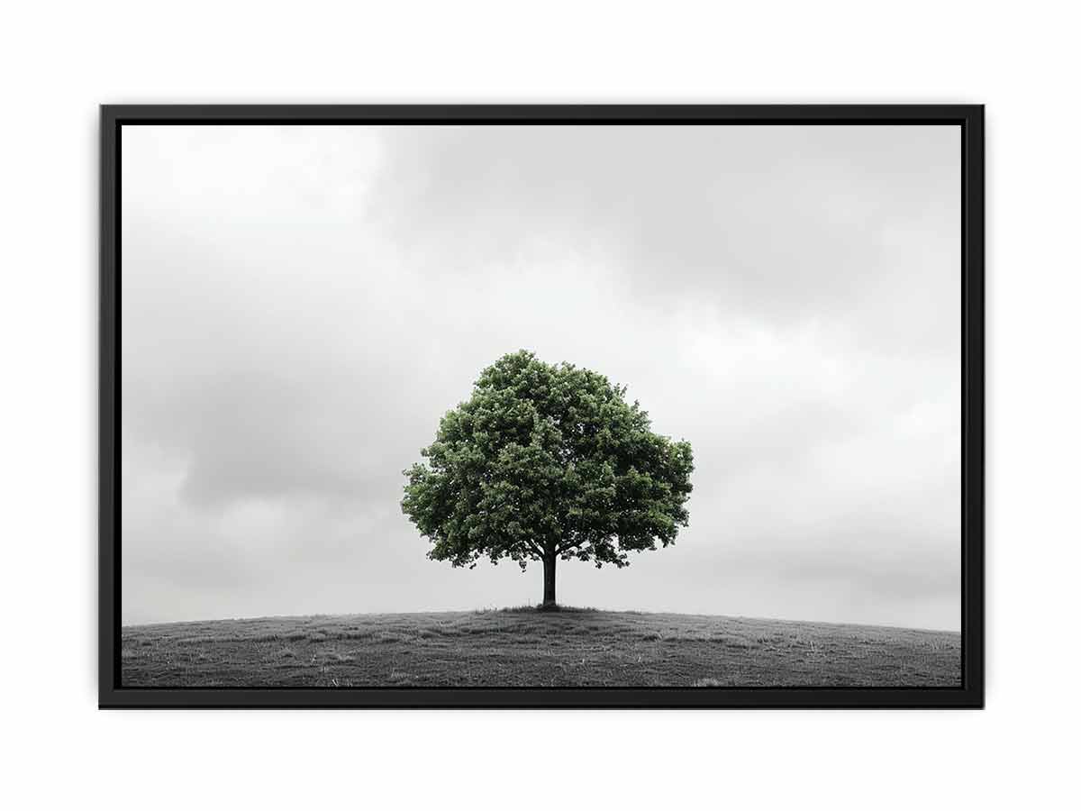 Minimal green tree landscape canvas art for calm modern bedroom decor.