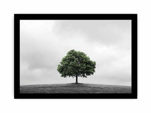 Minimal green tree landscape canvas art for calm modern bedroom decor.