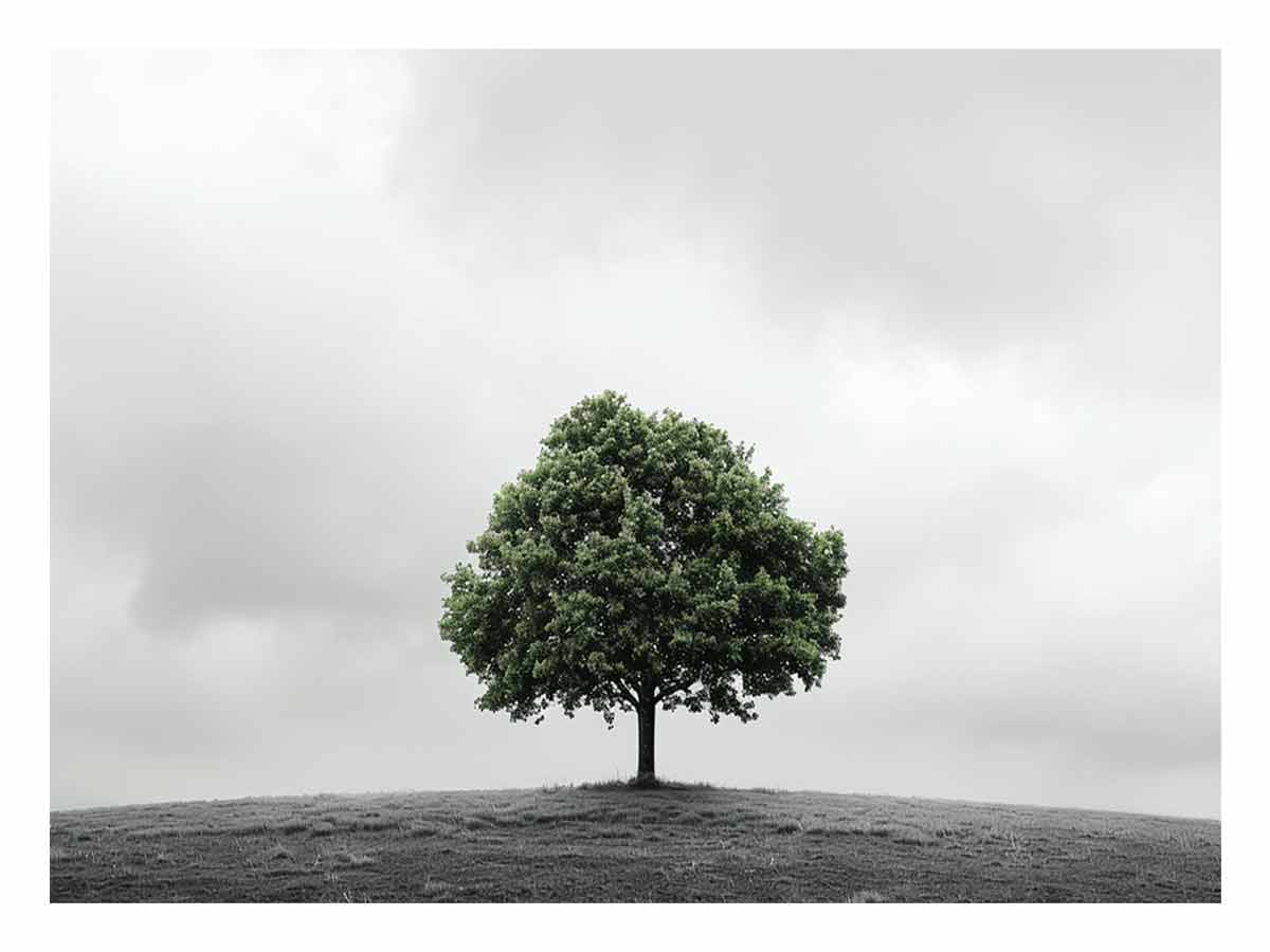 Minimal green tree landscape canvas art for calm modern bedroom decor.