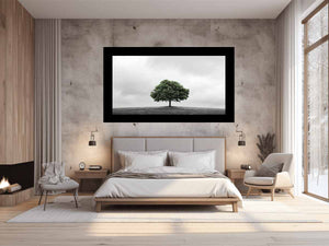 Minimal green tree landscape canvas art for calm modern bedroom decor.