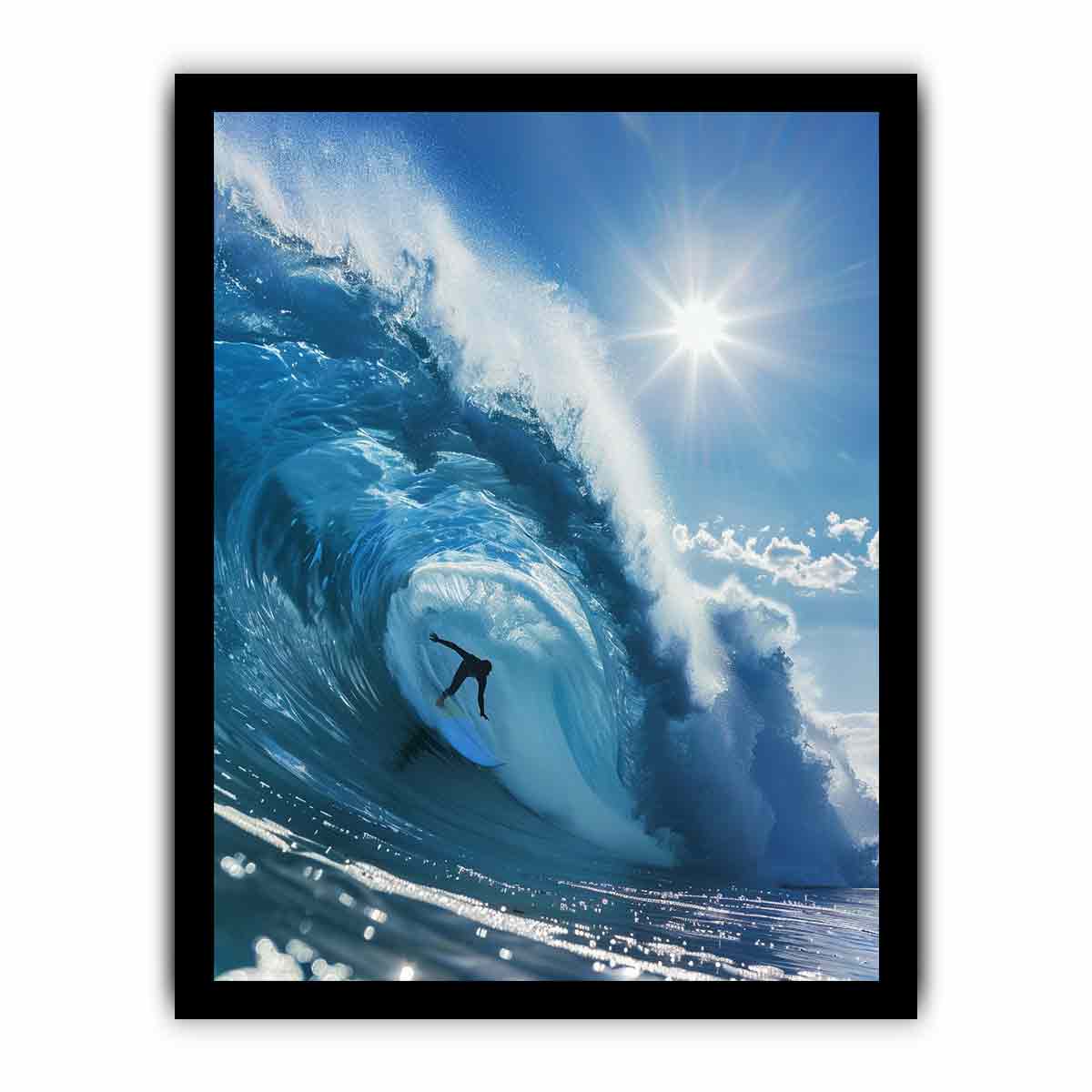 Dramatic blue ocean wave surfer canvas art for coastal living room decor.