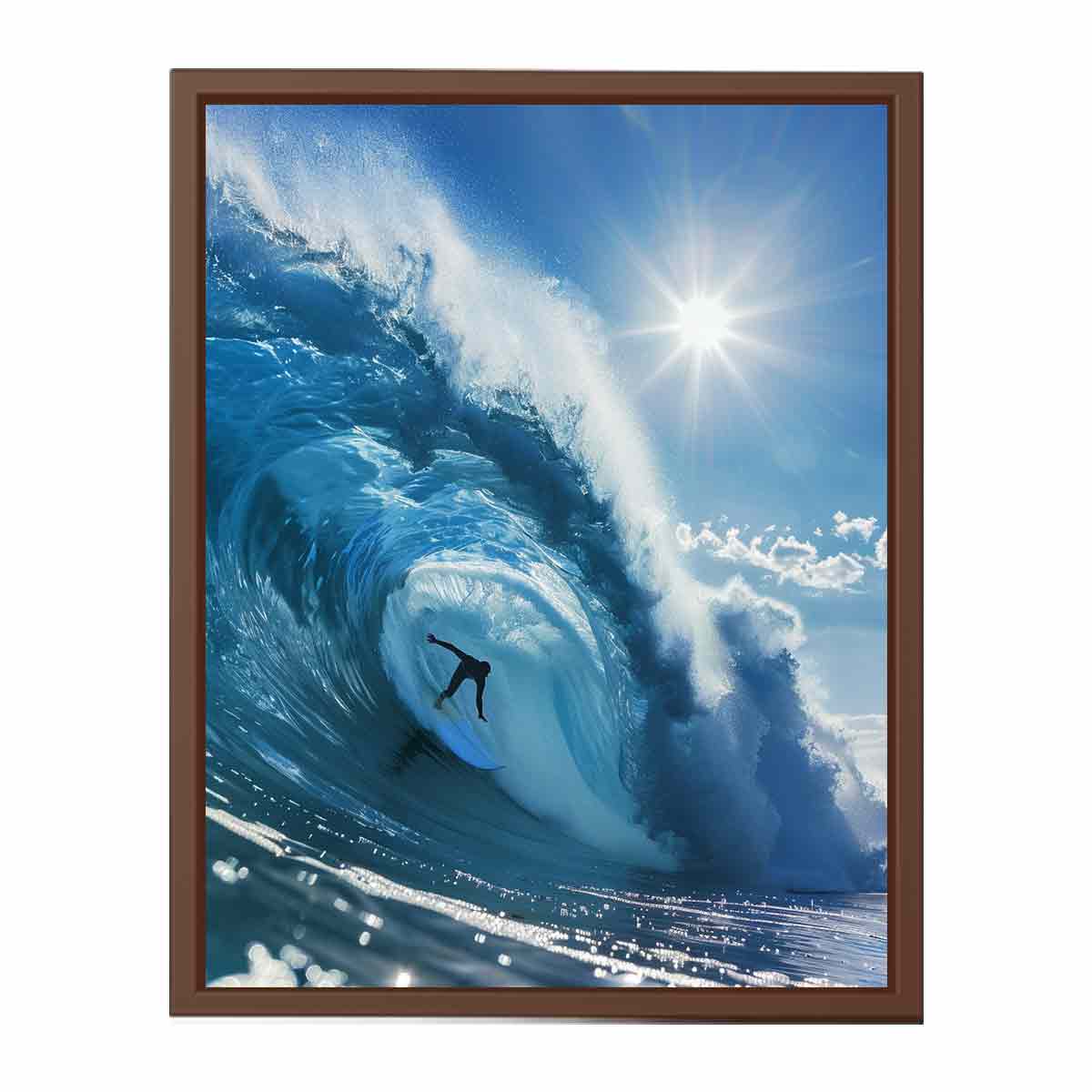 Dramatic blue ocean wave surfer canvas art for coastal living room decor.