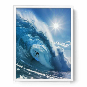 Dramatic blue ocean wave surfer canvas art for coastal living room decor.